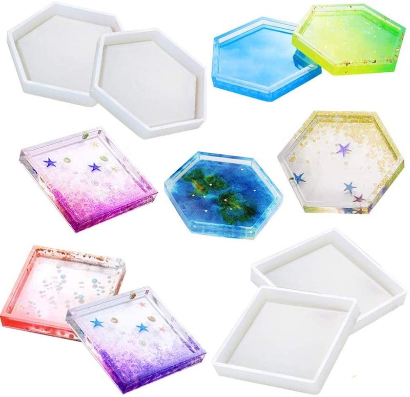 SNOOGG® DIY Square and Hexagon Coasters Combo of 4 PC Silicone Resin Art Mold for Epoxy & Multipurpose Pack of 4 PC - Image 1