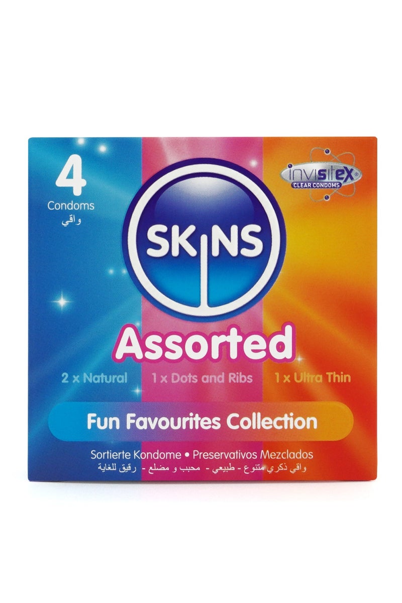 سكينز واقي ذكري سكينز متنوع 4 قطع (2 طبيعي، منقط ومخدد، فائقة الرقة) - Image 1