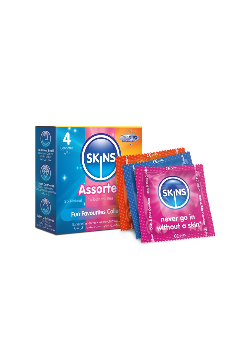 سكينز واقي ذكري سكينز متنوع 4 قطع (2 طبيعي، منقط ومخدد، فائقة الرقة) - Image 2