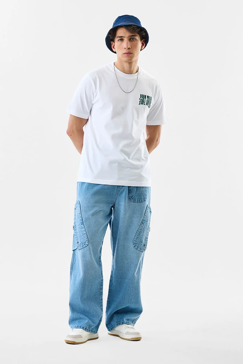 سنيتش Light Blue Solid Loose Fit Streetwear Cargo