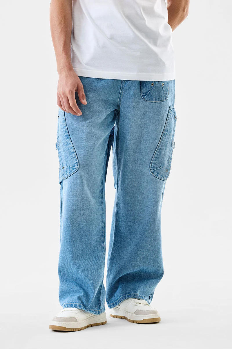 SNITCH Light Blue Solid Loose Fit Streetwear Cargo