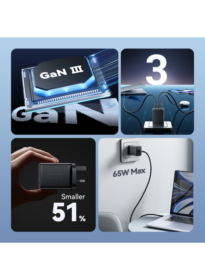 VENTION 3-Port USB (C + C + A) GaN Charger (65W/65W/60W) UK-Plug Black Model# FERB0-UK - Image 5