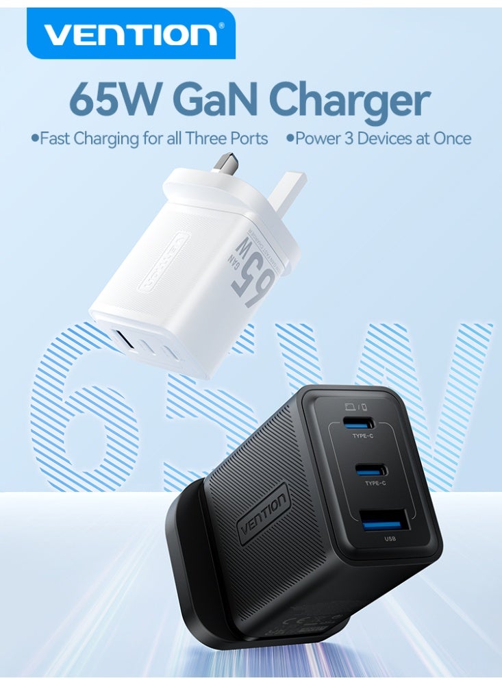 VENTION 3-Port USB (C + C + A) GaN Charger (65W/65W/60W) UK-Plug Black Model# FERB0-UK - Image 3