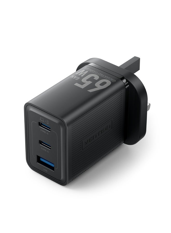 VENTION 3-Port USB (C + C + A) GaN Charger (65W/65W/60W) UK-Plug Black Model# FERB0-UK - Image 1