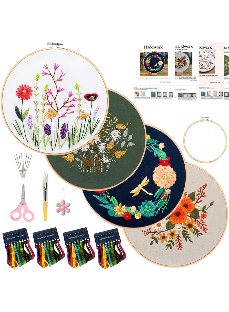 4 Set Embroidery Kit for Beginners, Cross Stitch Kits with Stamped Pattern Embroidery Starter Kit Include 1 Wooden Embroidery Hoops Color Threads Needles Kit for Adults - Image 1