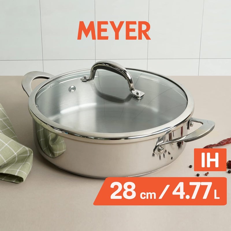Meyer Select Nickel Free Stainless Steel Sauteuse with Glass Lid Steel Saute Pan with Triply Base Frying Pan with Lid Gas and Induction Suitable 28cm 477 Litre Silver - Image 2