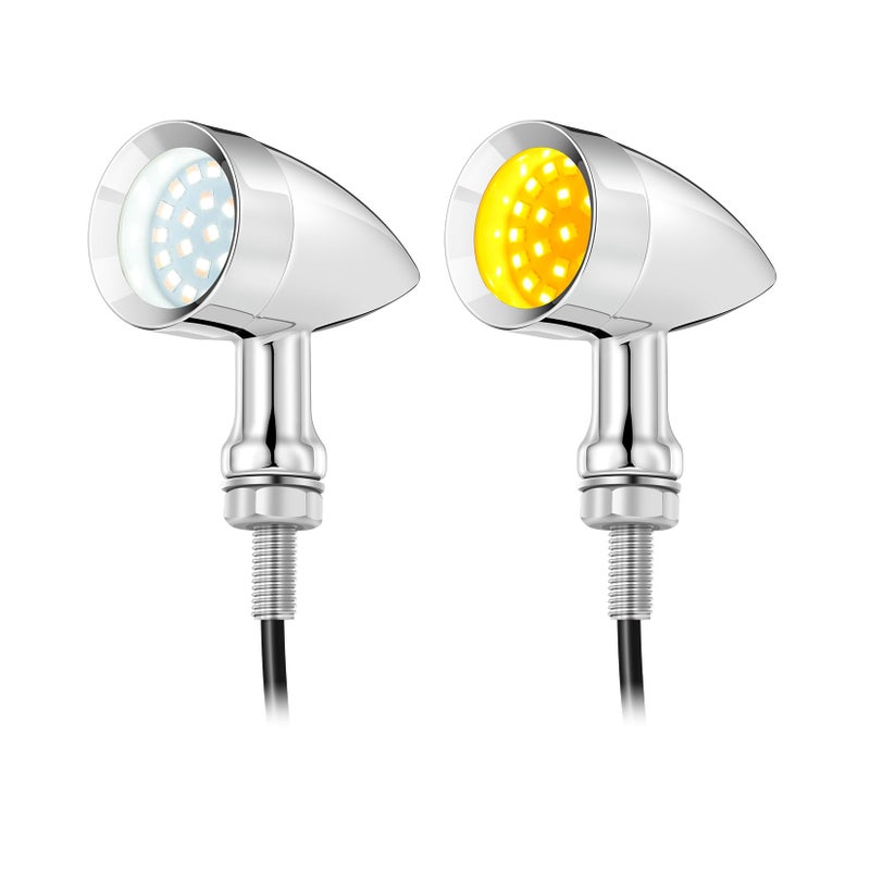 PBYMT 2PCS Motorcycle Bullet 24 LEDs Front Turn Signal White Amber Light SMD Blinker Indicator Compatible for Honda Yamaha Suzuki Kawasaki Harley Sportster Dyna (Chrome)