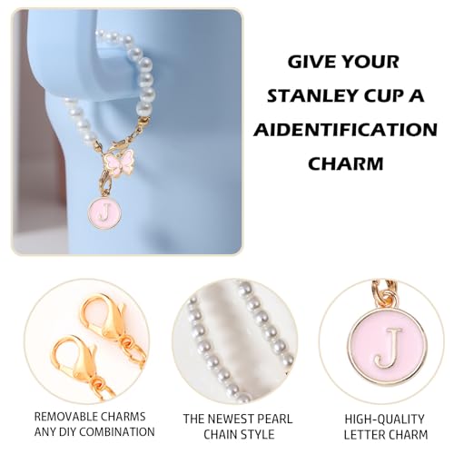 LUHOHI Accessories for Stanley Cup Pearl Chain Initial Accessoriess for Handle Stuff Decor Water Bottle Jewelry Tumbler Cute Simple Modern Personalized Name ID Decorations Letter Pink Tag J - Image 3