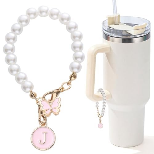 LUHOHI Accessories for Stanley Cup Pearl Chain Initial Accessoriess for Handle Stuff Decor Water Bottle Jewelry Tumbler Cute Simple Modern Personalized Name ID Decorations Letter Pink Tag J - Image 1