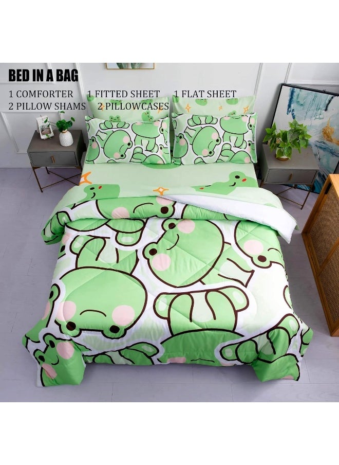 Generic - MUSOLEI 7 Piece Frog Comforter Set Frog Bedding for Kids Boys and Girls Frog sheets set Frog Bedding set Twin Size Bedding Sets for All Season - Image 1