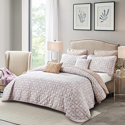 Home Soft Things 7 Piece Printed Microfiber Bedspread Quilts Set, 102" x 90" King, Austin Geo, Taupe Geometric Lightweight Bed Cover Coverlet Bedding Set with Matching Shams Pillows - Image 2