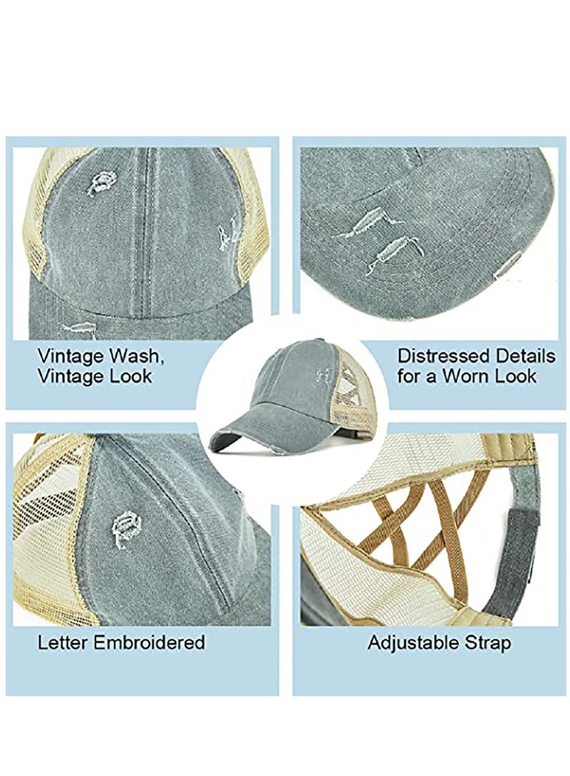 Excefore Womens Ponytail Hat Baseball Cap, Adjustable Cross Baseball Cap High Bun Unisex Vintage Washed Trucker Hats - Image 4