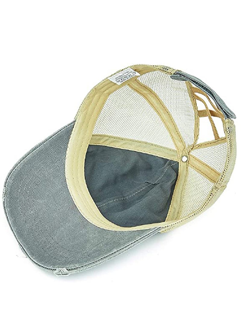 Excefore Womens Ponytail Hat Baseball Cap, Adjustable Cross Baseball Cap High Bun Unisex Vintage Washed Trucker Hats - Image 5