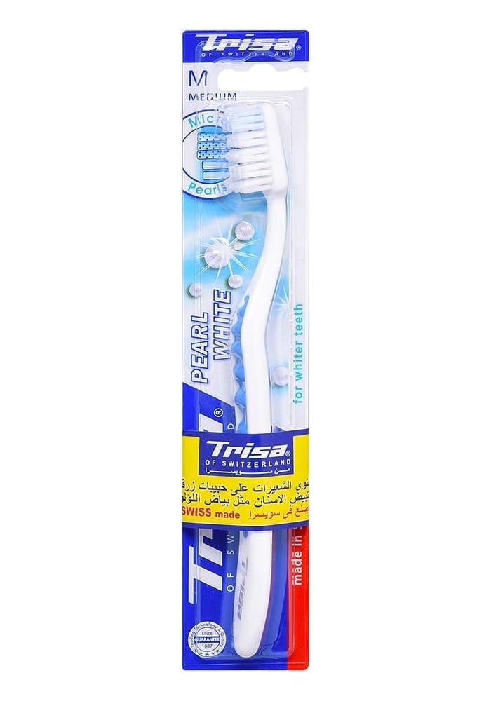 TRISA فرشاة أسنان تريزا بيرل وايت متوسطة مع غطاء سفر وخرز تنظيف ميكرو أزرق - Image 1