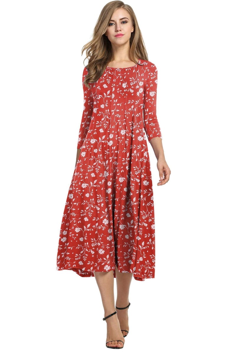 HOTOUCH Womens 3/4 Sleeve Dress Casual Floral Summer Dress with Pockets Flowy Midi Dress for Beach A Line Flare Dress Red Floral, S - Image 1