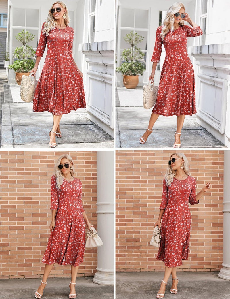 HOTOUCH Womens 3/4 Sleeve Dress Casual Floral Summer Dress with Pockets Flowy Midi Dress for Beach A Line Flare Dress Red Floral, S - Image 5