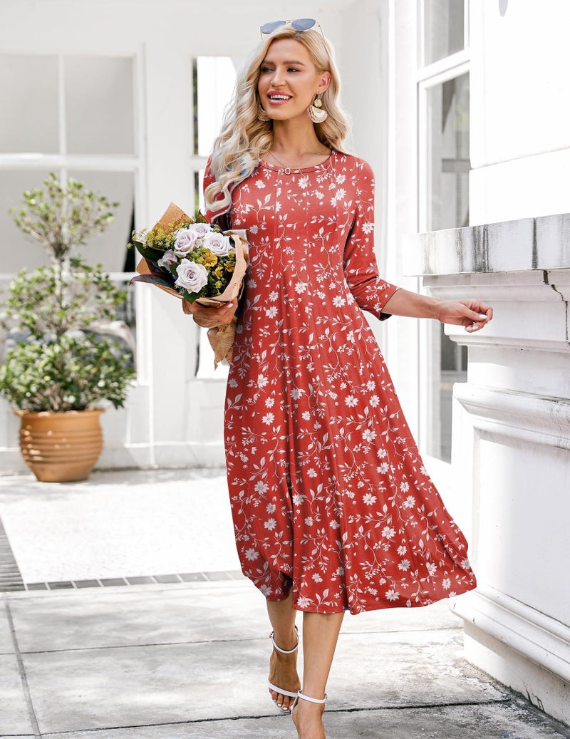 HOTOUCH Womens 3/4 Sleeve Dress Casual Floral Summer Dress with Pockets Flowy Midi Dress for Beach A Line Flare Dress Red Floral, S - Image 3