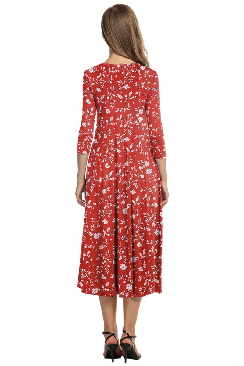 HOTOUCH Womens 3/4 Sleeve Dress Casual Floral Summer Dress with Pockets Flowy Midi Dress for Beach A Line Flare Dress Red Floral, S - Image 2
