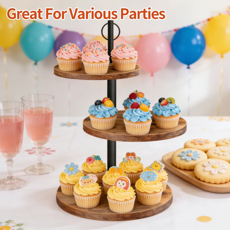 OugeWood Cupcake Stand, 3 Tier Cake Stands Rustic Dessert Table Display Set Wood Cupcake Tower Cake Stand Tiered Tray Stand for Wedding Birthday Baby Shower 2 Pack - Image 5