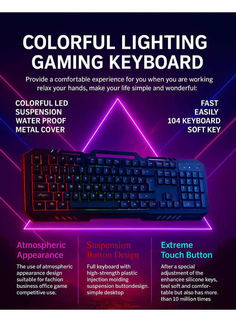 جاما كيبورد- K-512   بإضاءة LED RAINBOW - غطاء معدني مقاوم للماء  - تصميم أزرار تعليق 104 زر أزرار ناعمة ولمسة مريحة – لون اسود - Image 3