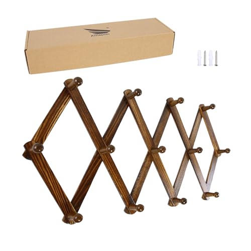 AMAPON Accordion Style Expandable Wall Wooden Coat Rack 13 Hooks (Pegs) Hang Hats Jackets Coffee Mug Purses Necklaces Towels Cap Leash Scarves Data Line Kitchenware (Walnut Color) - Image 1