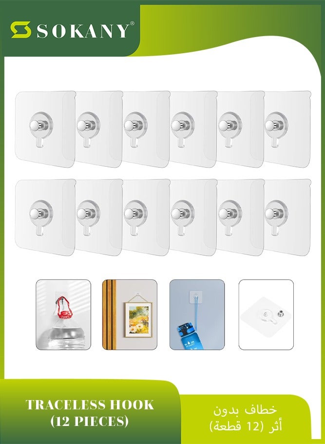 sokany 12 PCS Picture Hooks, Self-Adhesive Sticky Hooks for Hanging Pictures, Adhesive Hooks Without Nails Heavy Duty for Living Room, Bedroom, Bathroom, Picture Hangers for Glass, Frames, Mirrors (Clear)  - Image 1