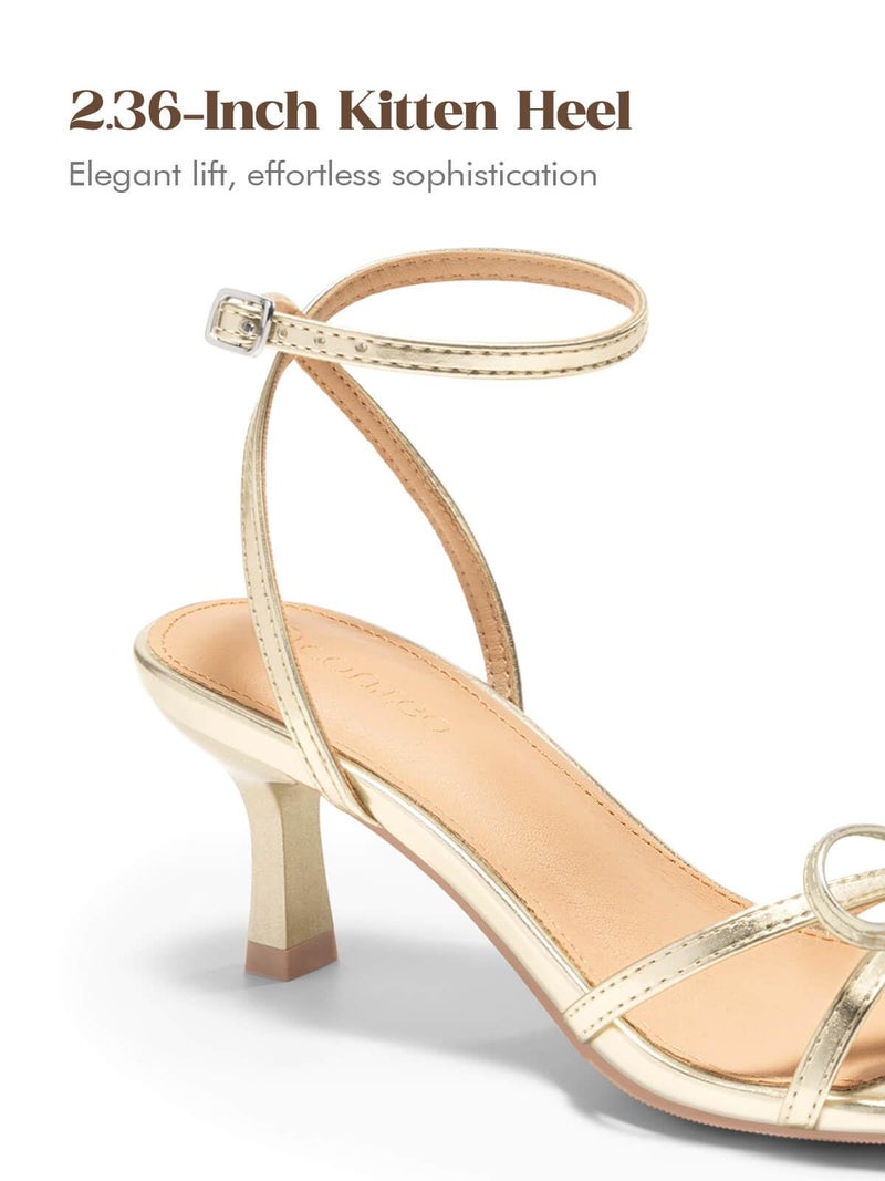 Coutgo Womens Kitten Low Heels Bow Sandals Open Toe Buckle Ankle Strap Wedding Party Dress Shoes, Gold, Size 9 - Image 3