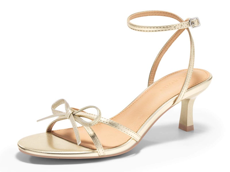 Coutgo Womens Kitten Low Heels Bow Sandals Open Toe Buckle Ankle Strap Wedding Party Dress Shoes, Gold, Size 9 - Image 1