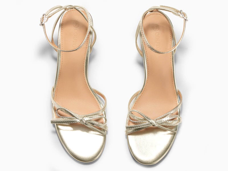 Coutgo Womens Kitten Low Heels Bow Sandals Open Toe Buckle Ankle Strap Wedding Party Dress Shoes, Gold, Size 9 - Image 5