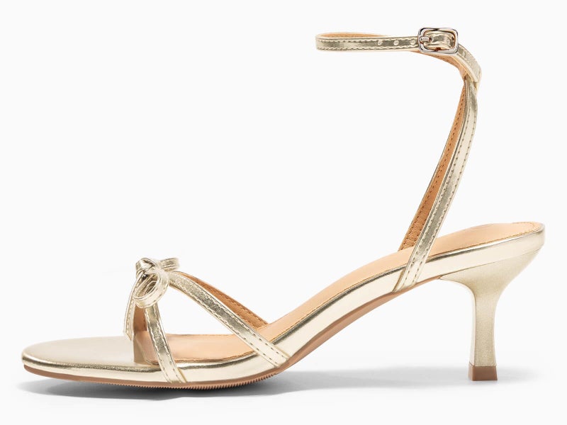 Coutgo Womens Kitten Low Heels Bow Sandals Open Toe Buckle Ankle Strap Wedding Party Dress Shoes, Gold, Size 9 - Image 4