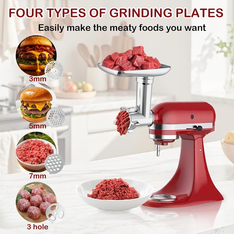 Akiosk Meat Grinder & Slicer Shredder Attachments for KitchenAid Stand Mixer, Meat Grinder with 2 Size Sausage Stuffer Tubesand and 4 Types Slicer Shredder Combination Set for Mincing Meat/Chopping Food - Image 2