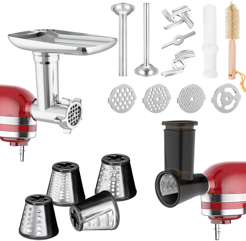 Akiosk Meat Grinder & Slicer Shredder Attachments for KitchenAid Stand Mixer, Meat Grinder with 2 Size Sausage Stuffer Tubesand and 4 Types Slicer Shredder Combination Set for Mincing Meat/Chopping Food - Image 1