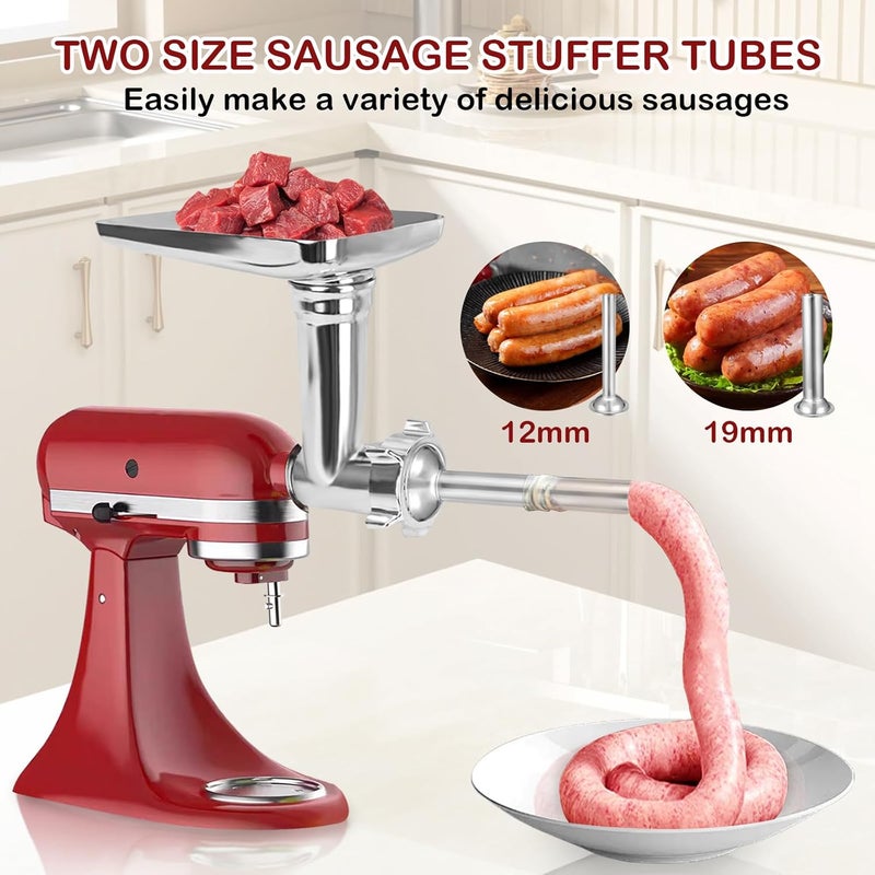 Akiosk Meat Grinder & Slicer Shredder Attachments for KitchenAid Stand Mixer, Meat Grinder with 2 Size Sausage Stuffer Tubesand and 4 Types Slicer Shredder Combination Set for Mincing Meat/Chopping Food - Image 3