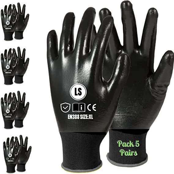 Satishve Satishve Nylon Latex Coated Firm Grip Industrial Safety Work Cut Resistant Gloves 5 Pairs Pack of 10 Large Black 