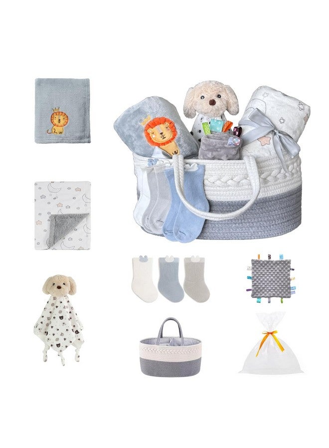 CREVENT Gift Set for Newborns -Diaper Caddy Organizer Basket with 2 Blankets, 1 Taggie, 1 Lovey, 3 Socks，1 Gift Bag with Ribbon - Welcome Essential Baby Shower (Neutral - Image 1