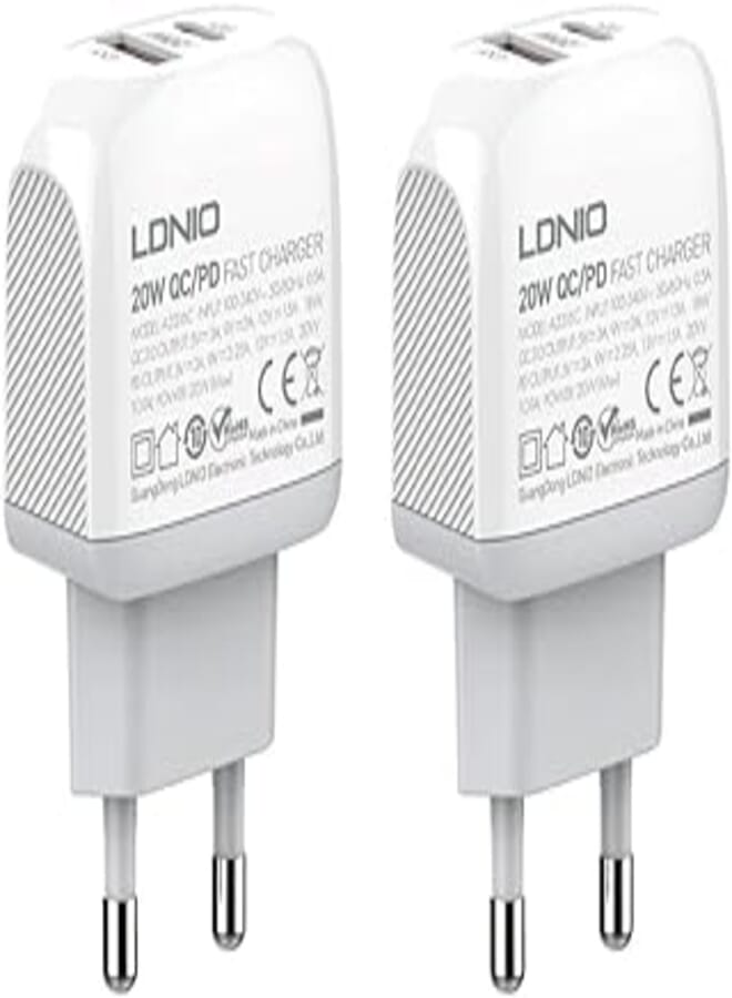 LDNIO Ldnio Set Of 2 Pieces Of A2316C Eu Fast Charger Dual Usb Ports With Type-C-Lightning Cable Perfect For Home And Office - White 