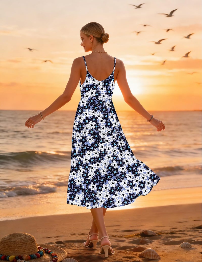 YESNO Women Summer Adjustable Spaghetti Strap Midi Sundress Boho Floral Casual Flowy Beach Dresses with Pockets M ESS CR505 - Image 5