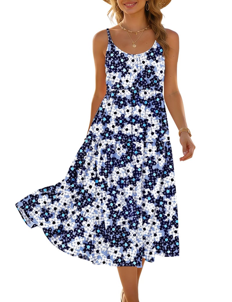 YESNO Women Summer Adjustable Spaghetti Strap Midi Sundress Boho Floral Casual Flowy Beach Dresses with Pockets M ESS CR505 - Image 1