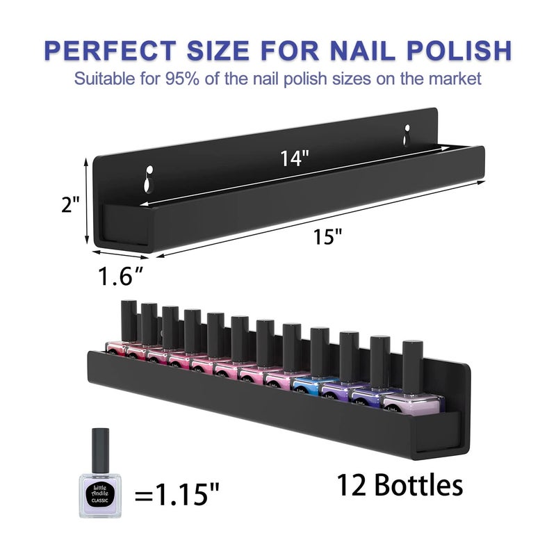 FEMELI Nail Polish Wall Rack: 6 Shelves 15 Inch Acrylic Nail Polish Holder Organizer for 66-90 Bottles, Multi-Purpose Acrylic Floating Shelves (15 Inch, Black) - Image 3