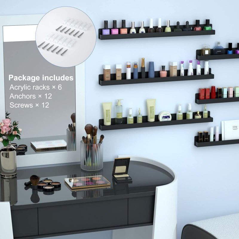 FEMELI Nail Polish Wall Rack: 6 Shelves 15 Inch Acrylic Nail Polish Holder Organizer for 66-90 Bottles, Multi-Purpose Acrylic Floating Shelves (15 Inch, Black) - Image 5