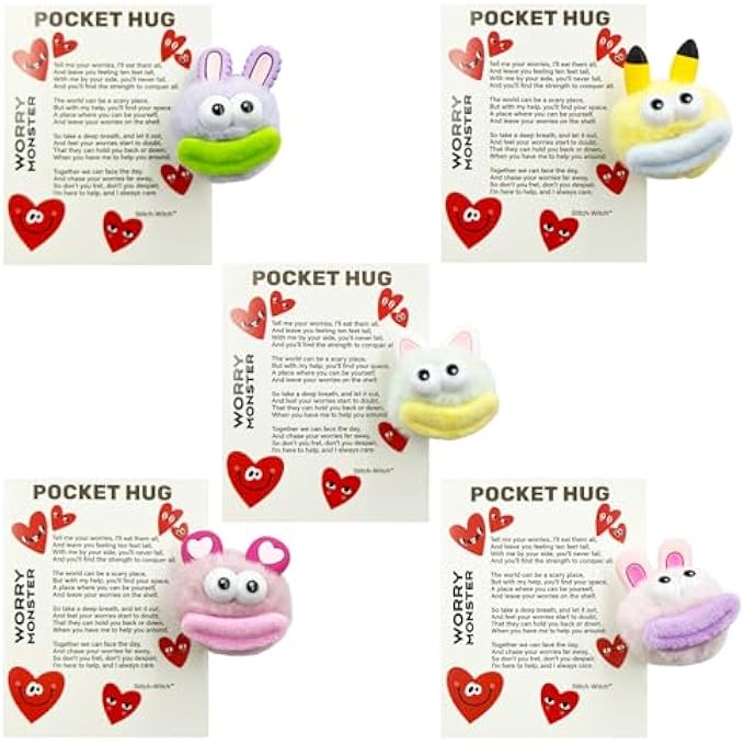 Stitch-Witch Funny Valentines Day Gifts, Furry Worry Monster Pocket Hug, Emotional Support Gifts, Stress Ball, Squeeze Ball (5pcs Pack Worry Monsters with Ears) - Image 1
