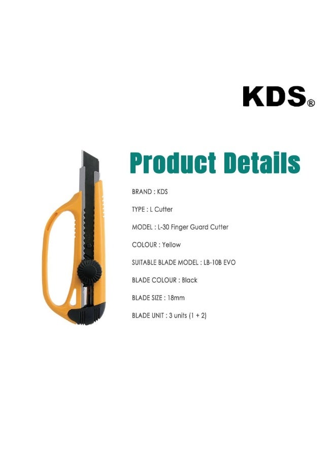 KDS L-30 18mm Finger Guard Cutter Screw Lock Utility Knife (1+2 Blades) – Yellow - Image 1