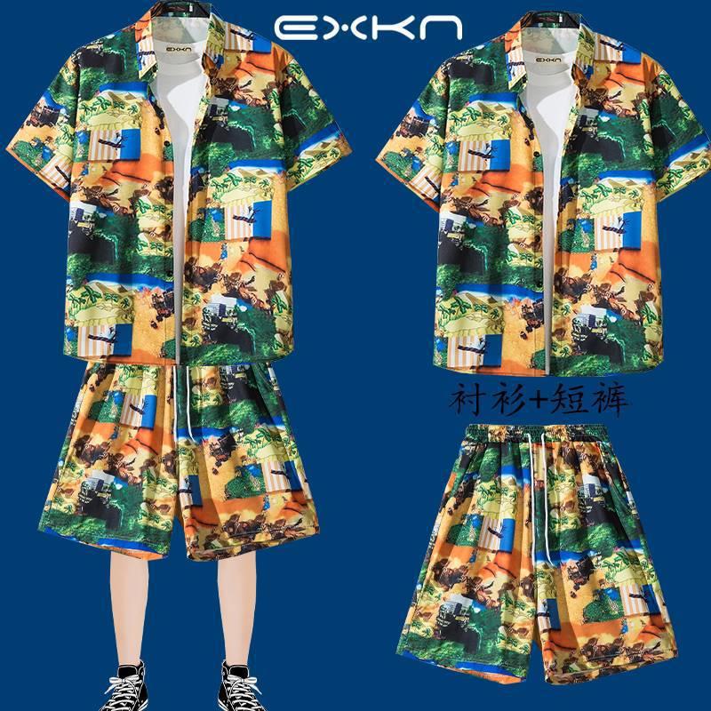 Hawaiian Shirt Beach Casual Shorts Trendy Brand Men'S Couple Personalized Printed Trendy Beach Suit - Image 3