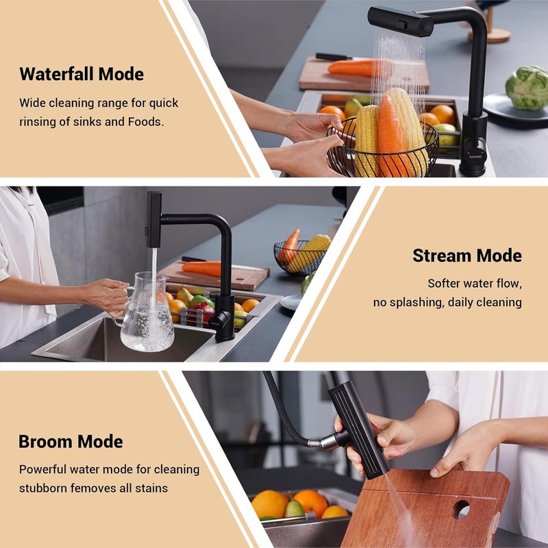 DAYONE Waterfall Kitchen Faucet Matte Black SUS304 Stainless Steel 360 Rotatable Kitchen Sink Tap SingleLever Kitchen Water Mixer with Swivel Pull Out Spout 2546 - Image 3