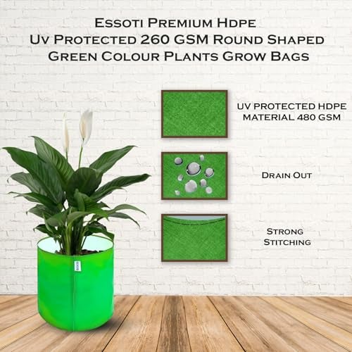 Essoti Premium Hdpe Uv Protected 260 GSM Round Shaped (Pack of 5 (Green), 9 x 9 Inch) Green Colour Plants Grow Bags Suitable for Terrace and Vegetable Gardening - Image 4