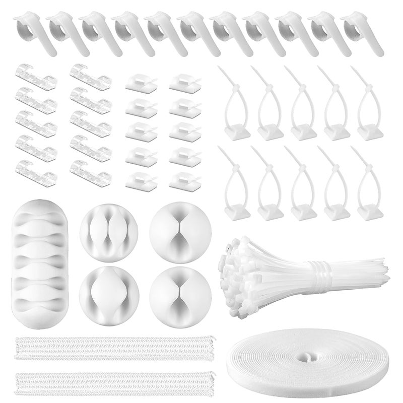 CHZHLI White Cable Management Organizer Kit, 2 Wire Sleeve Protector, 41 Self Adhesive Cable Clips Holder, 10pcs+2 Roll Reusable Cable Ties and 100 Cable Zip Ties for TV Computer Cord Tidy Under Desk - Image 1