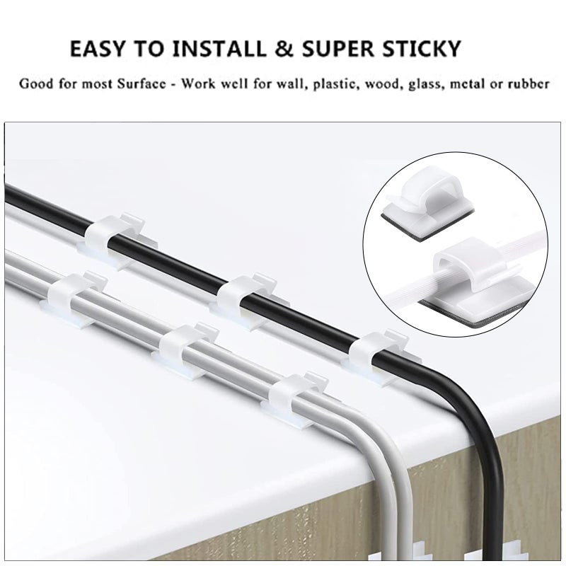 CHZHLI White Cable Management Organizer Kit, 2 Wire Sleeve Protector, 41 Self Adhesive Cable Clips Holder, 10pcs+2 Roll Reusable Cable Ties and 100 Cable Zip Ties for TV Computer Cord Tidy Under Desk - Image 4