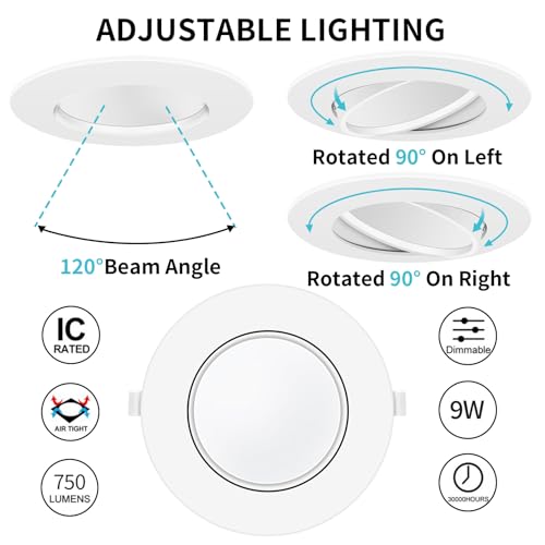 KnLnny Ware 4 Inch Gimbal Led Recessed Lighting 6 Pack,Ajustable Eyeball Ceiling Light with Junction Box,5CCT Selectable,Airtight,9W 750LM,Dimmable,ETL Listed - Image 3