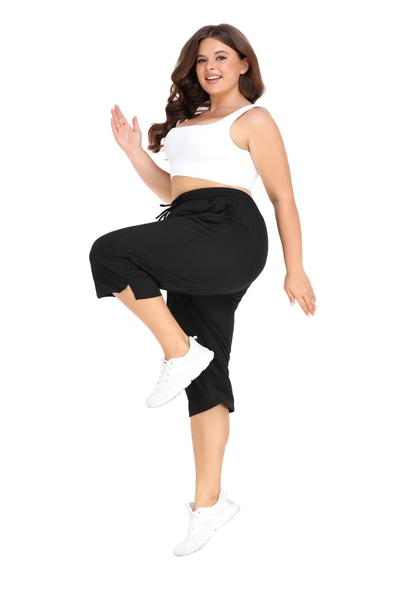 FOREYOND Plus Size Capri Pants for Women Loose Fit Yoga Pants with Pockets Workout Activewear Sweatpants Black - Image 4