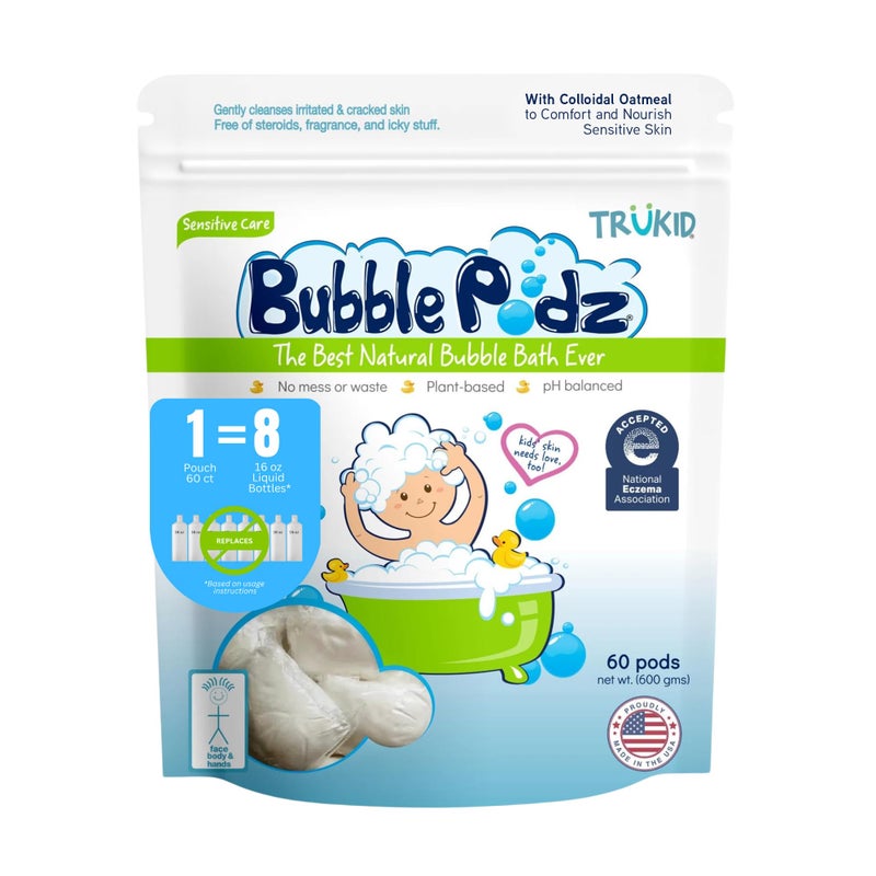 تروكيد Bubble Podz Bubble Bath for Baby  Kids, NEA-Accepted for Eczema, Gentle Refreshing Colloidal Oatmeal Bath Bomb for Sensitive Skin, pH Balance 7 for Eye Sensitivity, Unscented (60 Podz) - Image 1